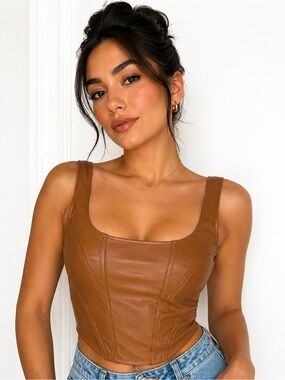 Vegan Leather Corset Top Camel Brown Love Tree Size Small NWT